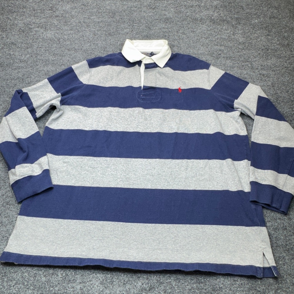 Polo Ralph Lauren IconicRugby Mens XXL Blue Gray Striped Long Sleeve Shirt Pony